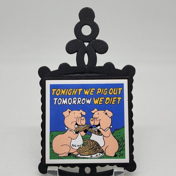 Enesco Ceramic Pig Out Trivet Wall Hanging With Black Metal Frame - Picture 1 of 7